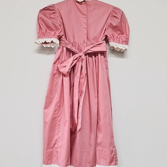 Hand Made Pink Smocked Dress Lace Trim Button Detail Puff Sleeve Tie Waist - Picture 6 of 10